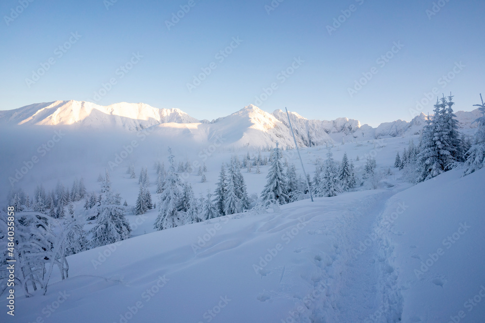 Snowy winter mountain landscape in the Tatra Mountains.