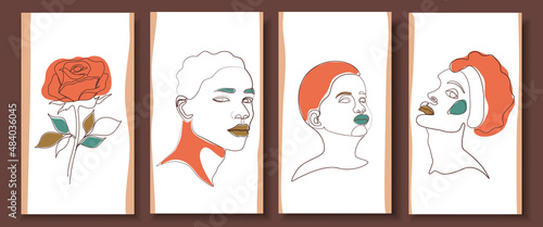 Four backgrounds with abstract faces and a flower. Fictional faces of a boy, a woman and a man.  Line drawing. Vector surrealism. 
