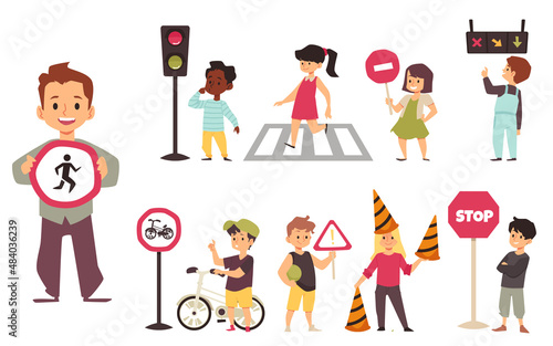 Fotografia Cute kids studying traffic rules and road signs, flat vector illustration isolated on white background