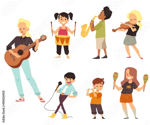 Music class or lesson with children and teacher play instruments, flat vector illustration isolated on white background.