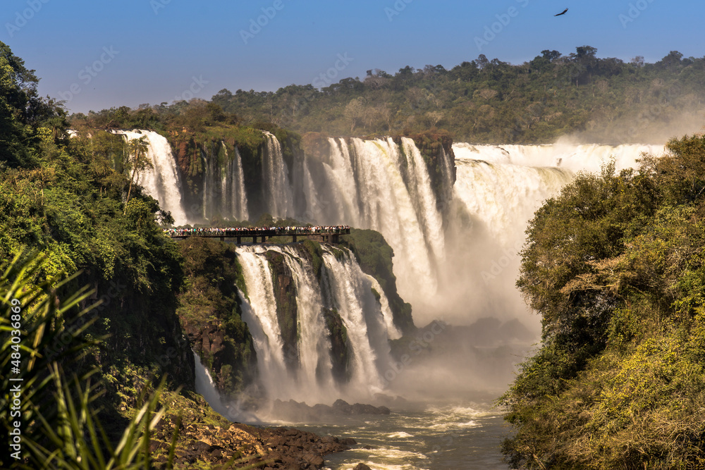 Fototapeta premium Main view of the Devil´s Throat (Garganta del Diablo) from the brazilian side of Iguazú Falls, in South América. Iguazú National Park.