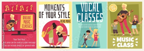 Music and vocal classes for children, set of posters - flat vector illustration.
