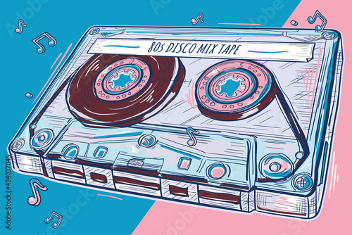 80s disco mix tape - drawn colorful musical audio cassette design