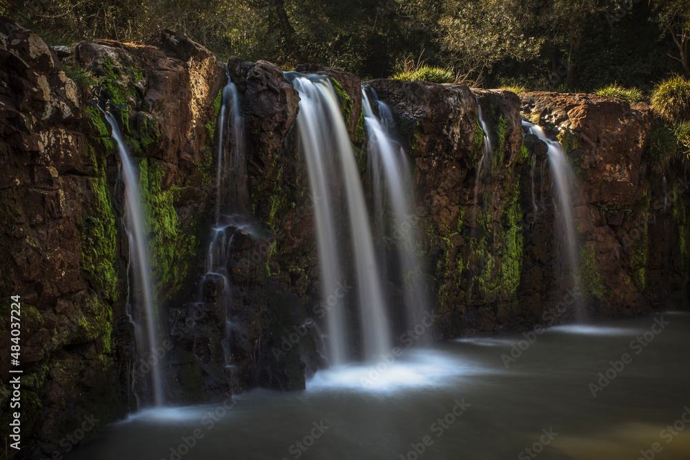 Obraz premium Multiple water drops cascades in Misiones, Argentina, South América called Natural Park Salto Capiovi. Capiovi cascades natural park. 