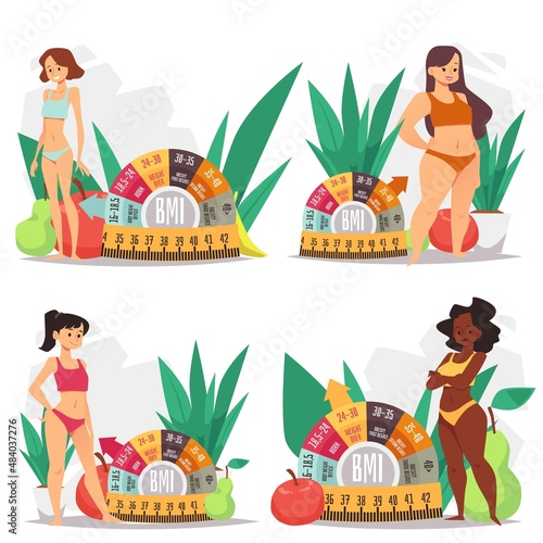 Diverse women with different body mass index, flat vector illustration isolated on white background.