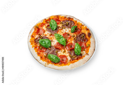 Traditional Italian pescara pizza with Parma ham, arugula, olives, basil, mozzarella cheese, grana padano cheese in a plate on a white isolated background.