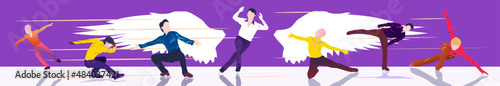 Cartoon illustration with faceless people skating on ice on abstract purple background