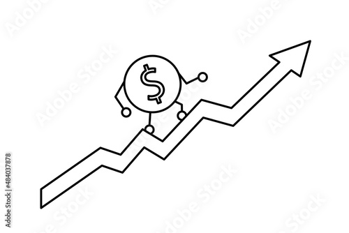 The dollar coin rises up the red arrow. The concept of a successful business. Outline illustration