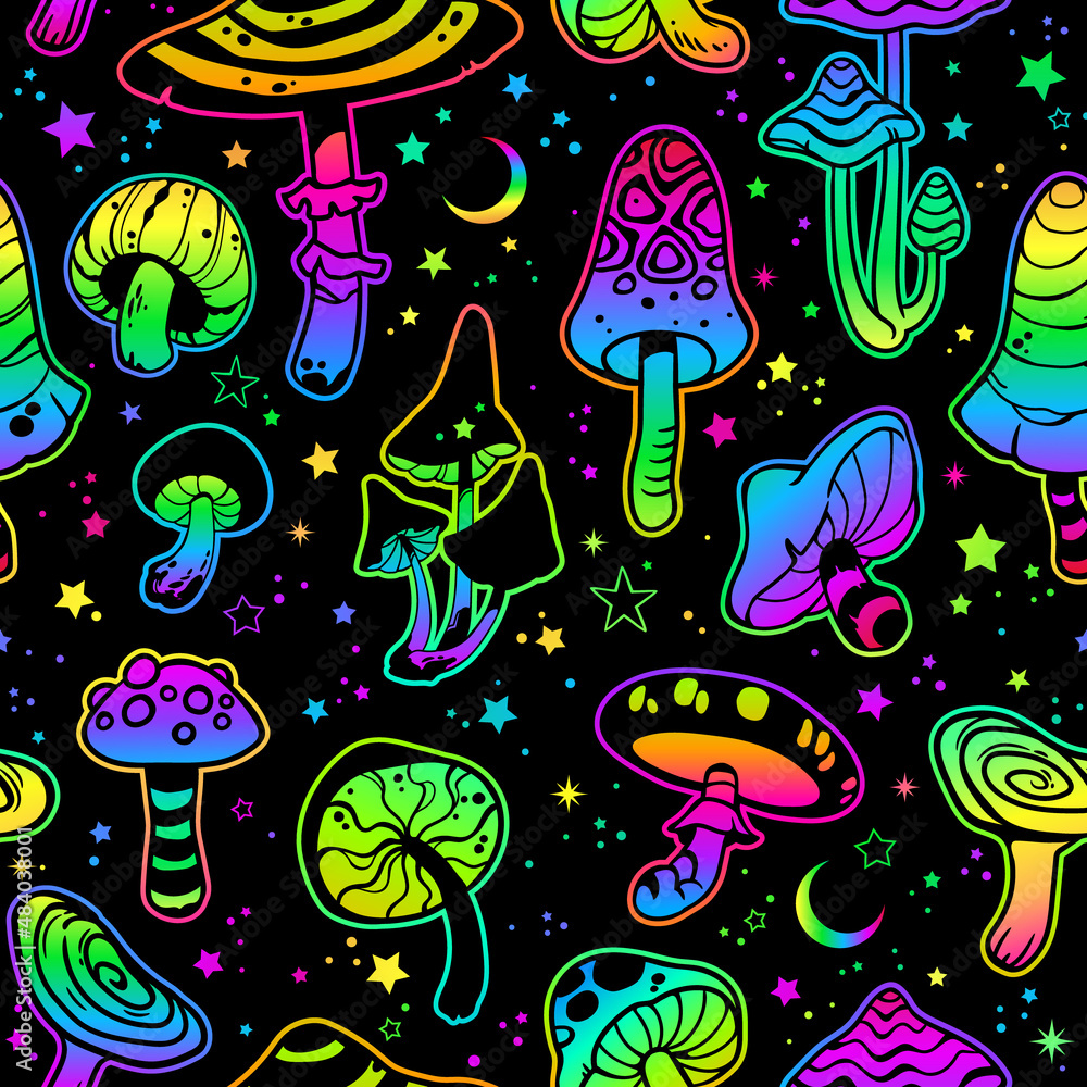 Seamless illustration with bright psychedelic mushrooms and rainbow moons