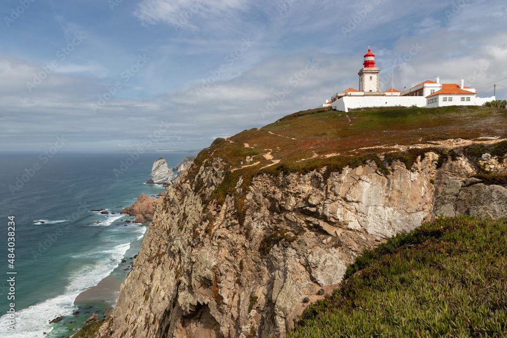 Beautiful view of Cabo da Roca Lighthouse on the cliff in Colares, Portugal