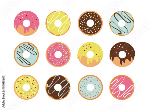 Set of various donuts. Confectionery illustration.