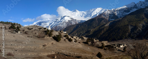 Panorama of mountains and snow in the Himalayas trekking along Annapurna Circuit in Nepal.