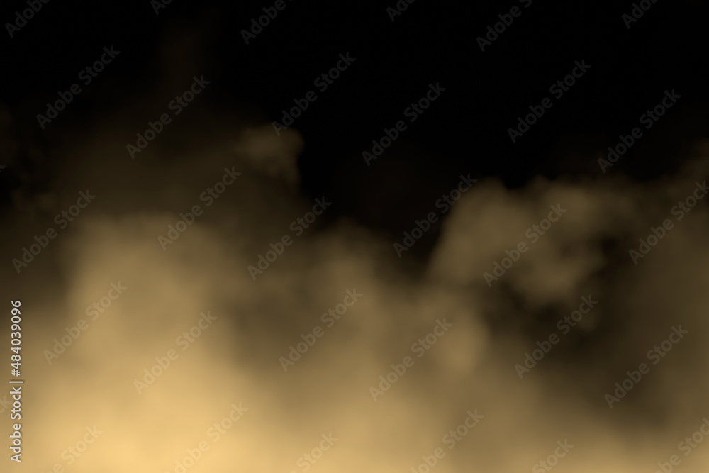 An abstract yellowish-gray fog on a black background. Swirls of smoke creeping in the dark. 3D render. An abstract yellowish-gray fog on a black background. Swirls of smoke creeping in the dark. 3D render.