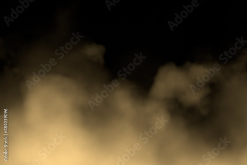 An abstract yellowish-gray fog on a black background. Swirls of smoke creeping in the dark. 3D render.