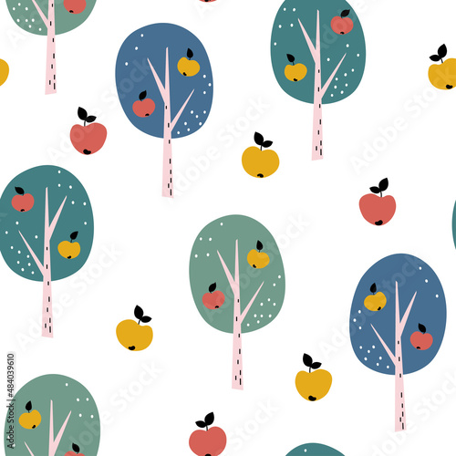 Seamless pattern with apple trees and apples in cartoon style