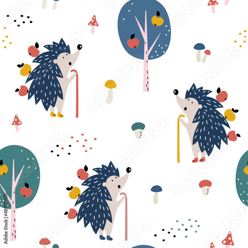 Seamless repeat pattern of cartoon cute hedgehog, trees and mushrooms