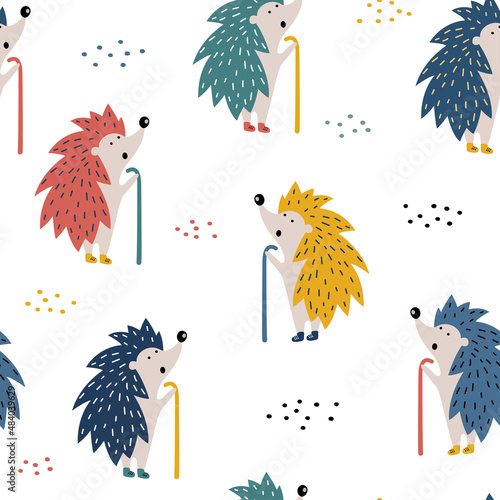 Seamless bright pattern with cartoon cute hedgehogs