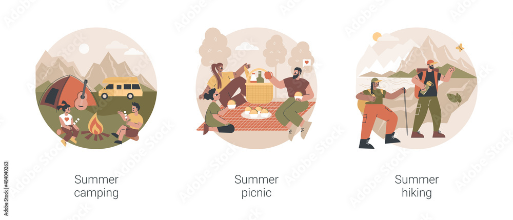 Summer adventure abstract concept vector illustration set. Summer camping, picnic and hiking, national park, scout program, survival skills, leisure time, family eating outdoors abstract metaphor. Summer adventure abstract concept vector illustration set. Summer camping, picnic and hiking, national park, scout program, survival skills, leisure time, family eating outdoors abstract metaphor.