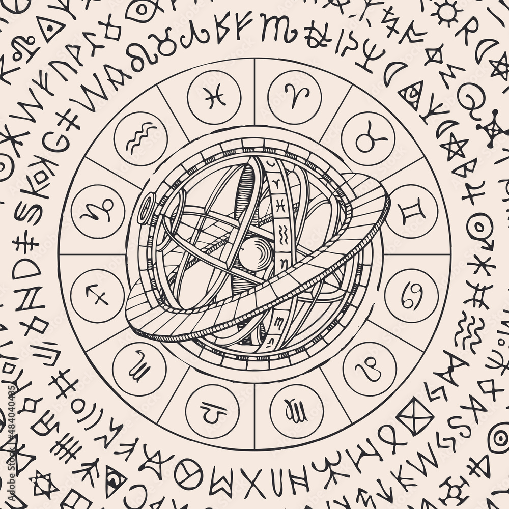 Vector circle of the Zodiac signs with icons, Ptolemaic Geocentric System and magic runes written in a circle. Hand-drawn banner in vintage style with horoscope symbols for astrological forecasts