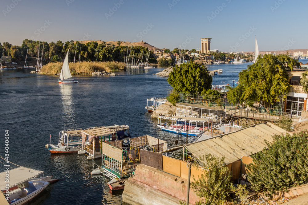 Felucca sail boats at the river Nile in Aswan, Egypt