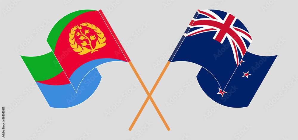 Crossed and waving flags of Eritrea and New Zealand Crossed and waving flags of Eritrea and New Zealand