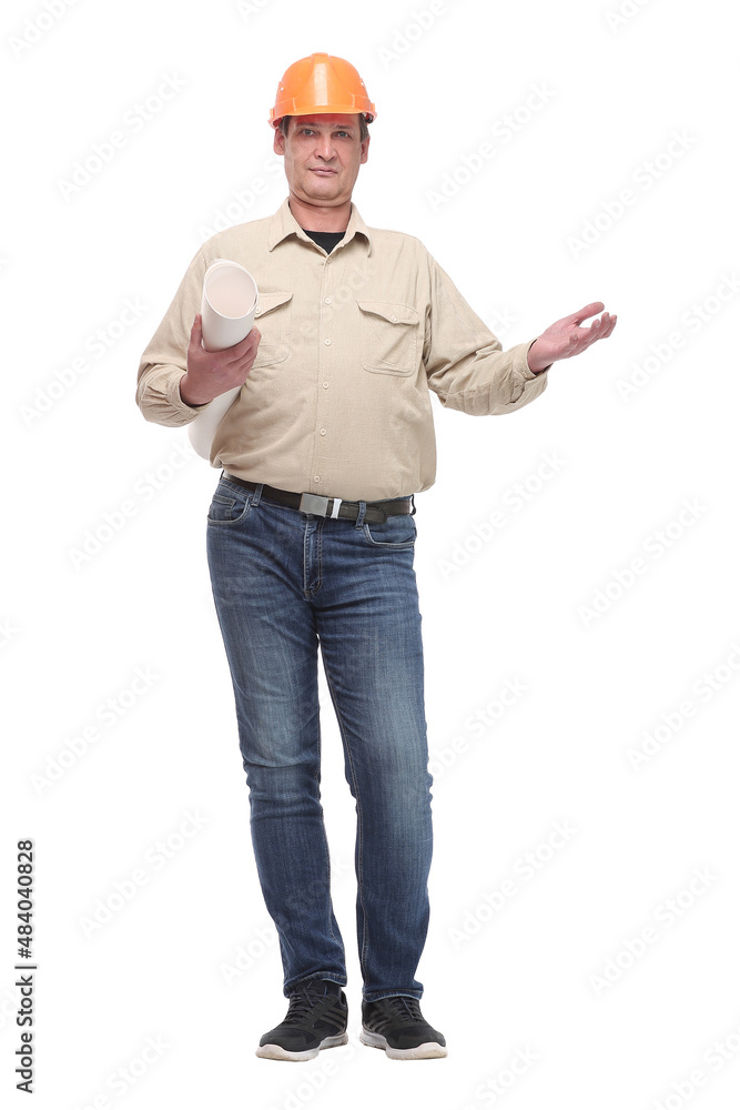 Full length portrait of an architect with an orange helmet holding construction plans Full length portrait of an architect with an orange helmet holding construction plans