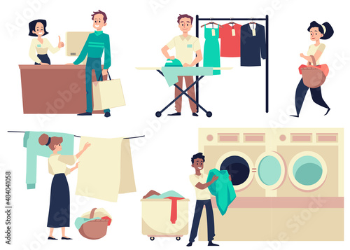 People using laundromat and dry clean service flat vector illustration isolated.