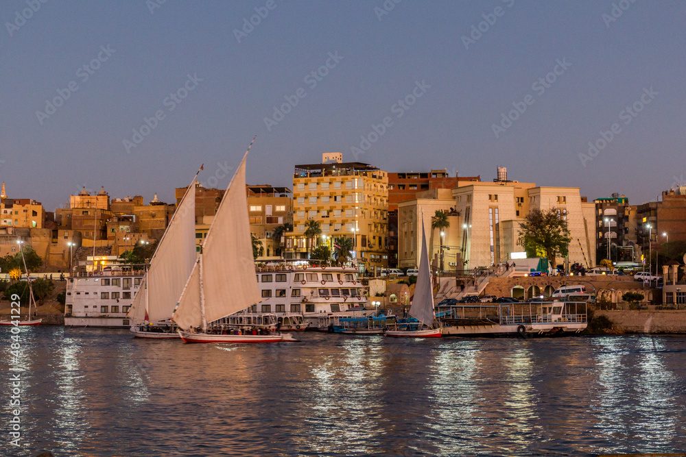 Evening view of Aswan skyline and the river Nile, Egypt