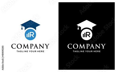 Initial R Letter with Graduation hat and book for Academy, Education, Study Business Logo Design Idea. on a black and white background.