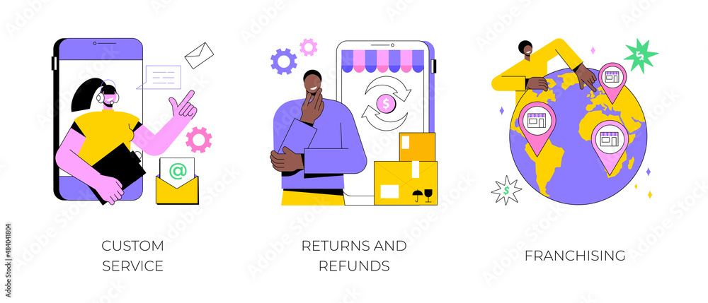 Fototapeta premium Retail ecommerce abstract concept vector illustration set. Custom service, returns and refunds, franchising, website live chat, user experience, product and service, trademark abstract metaphor.