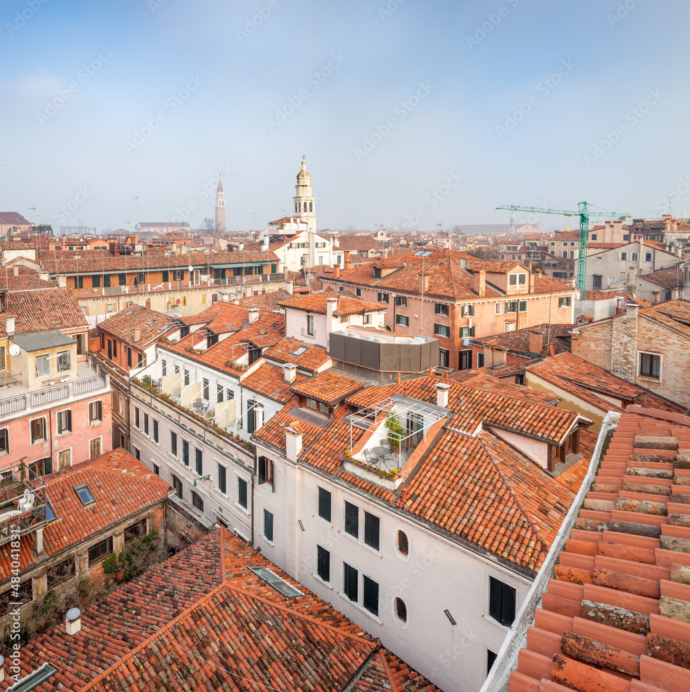 Elevated view of rooftops in Venice, Italy