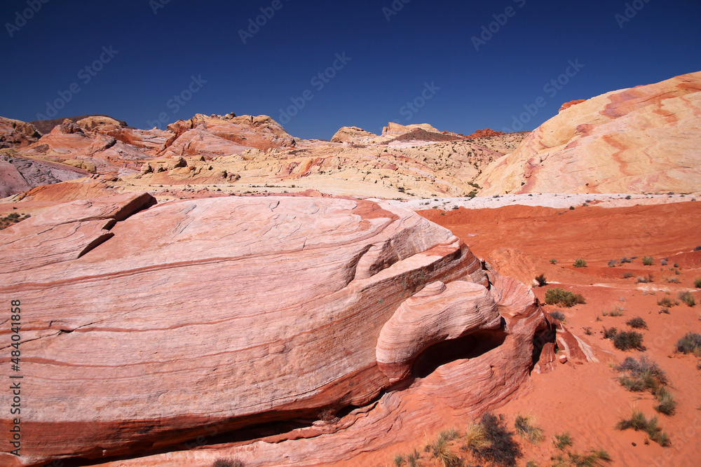 Φωτογραφία The pink boulder and the blue skies on the red desert of the Valley of Fire Stat