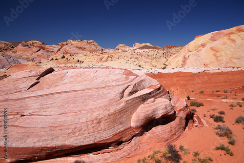 The pink boulder and the blue skies on the red desert of the Valley of Fire State Park