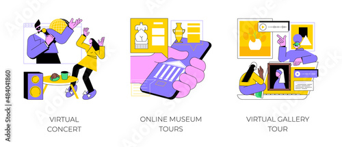 Stay home entertainment abstract concept vector illustration set. Virtual concert, online museum tour, virtual gallery tour, art therapy, leasure time, online education, live stream abstract metaphor.