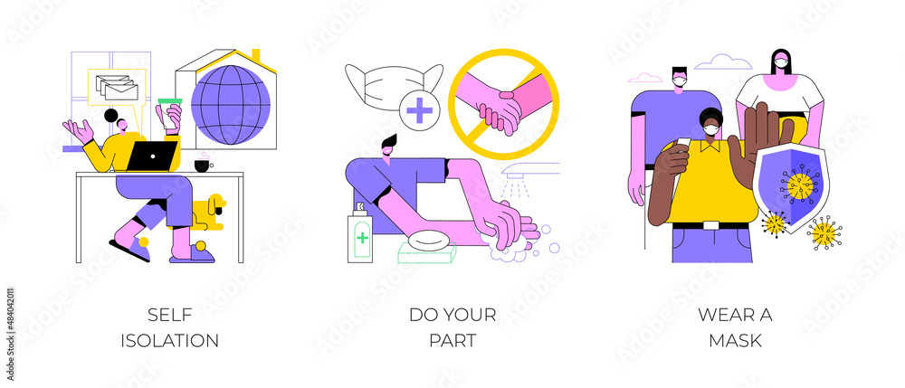 Coronavirus personal protection abstract concept vector illustration set. Self isolation, do your part, wear a mask, wash your hands, social distancing, infection exposure risk abstract metaphor. Coronavirus personal protection abstract concept vector illustration set. Self isolation, do your part, wear a mask, wash your hands, social distancing, infection exposure risk abstract metaphor.