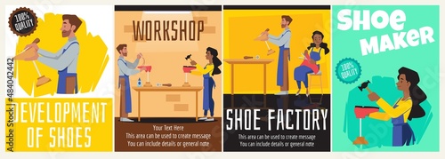 Set of footwear manufacturing posters or banners - flat vector illustration.