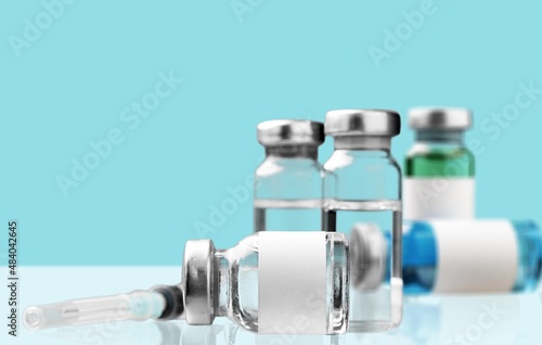 Basic fomulars 3 step for anti covid-19 virus. Corona virus vaccine in glass bottle.