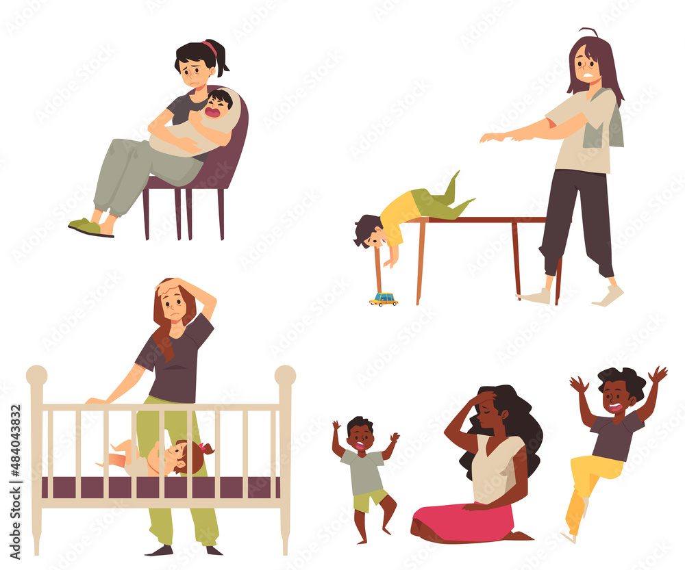 Tired exhausted mother cannot handle children, flat vector illustration isolated.