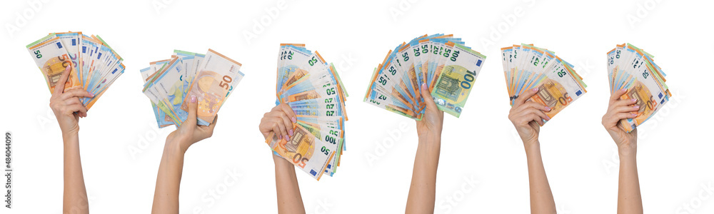 Hands holding euro cash money banknotes isolated on white background. - obrazy, fototapety, plakaty 