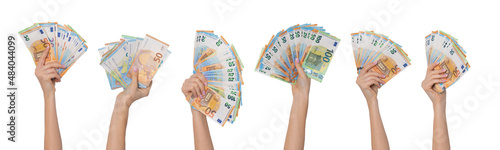 Fotografie Hands holding euro cash money banknotes isolated on white background