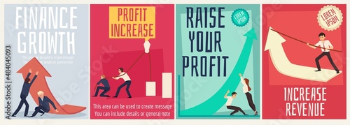 Raise your Profit and Increase Revenue vector concept with people pulling up arrows of Financial Growth.