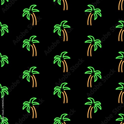 Palm tree seamless pattern, bright vector illustration on black background.