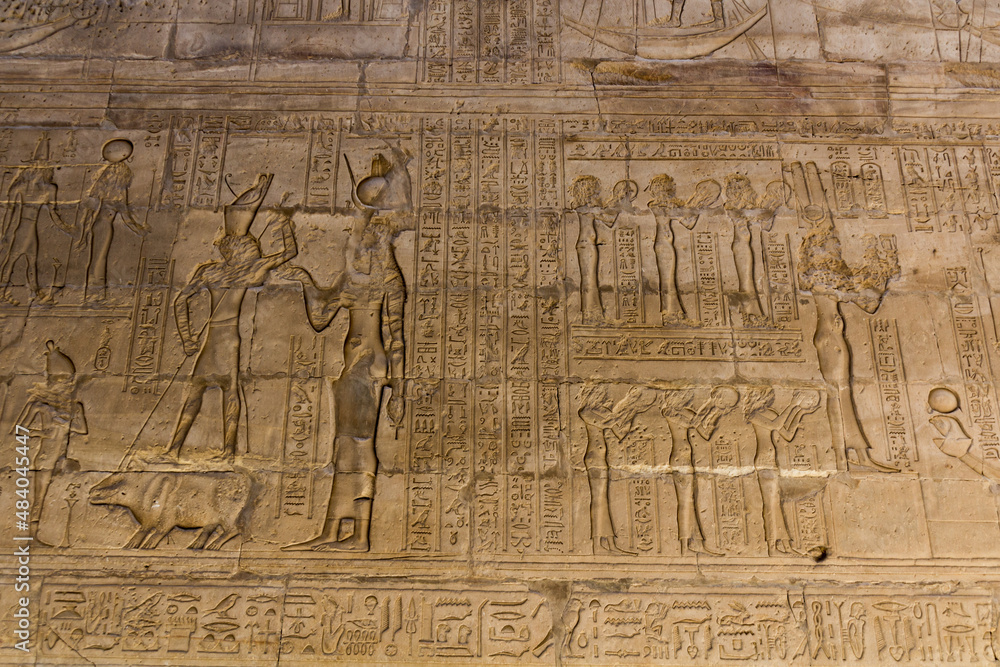 Hieroglyphs in the temple of Horus in Edfu, Egypt
