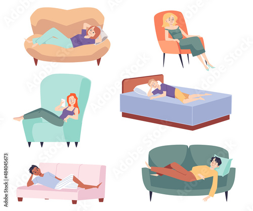 Lazy people relax on the couch, sofa and bed