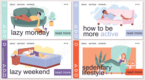 People resting at home and having lazy free time on the couch vector set