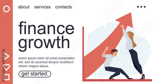 Two sale managers, man and woman, white collars workers, hold and raise red arrow of revenue upward.