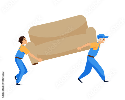 Two men carry sofa during relocation. Two porters, who works at move company, unloading couch furniture.