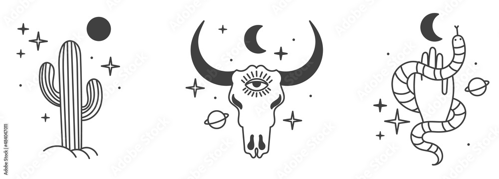 A set of icons, wild west elements, boho doodle style western with abstraction. America. A skull, a cactus and a hand with a snake. A set of icons, wild west elements, boho doodle style western with abstraction. America. A skull, a cactus and a hand with a snake.