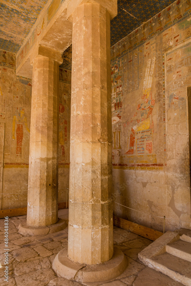 LUXOR, EGYPT - FEB 18, 2019: Columns in the Temple of Hatshepsut at the Luxor's West bank, Egypt LUXOR, EGYPT - FEB 18, 2019: Columns in the Temple of Hatshepsut at the Luxor's West bank, Egypt