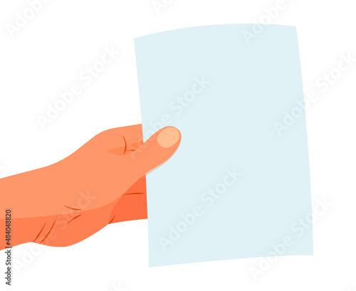 Person hand holds an empty sheet of paper for notes without text.